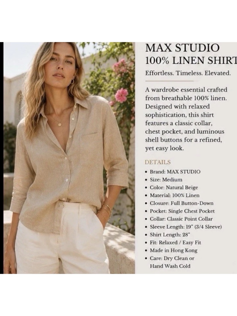 100% Linen Button Up Shirt L Sleeve,Minimalist,Breathable Coastal Resort-Med